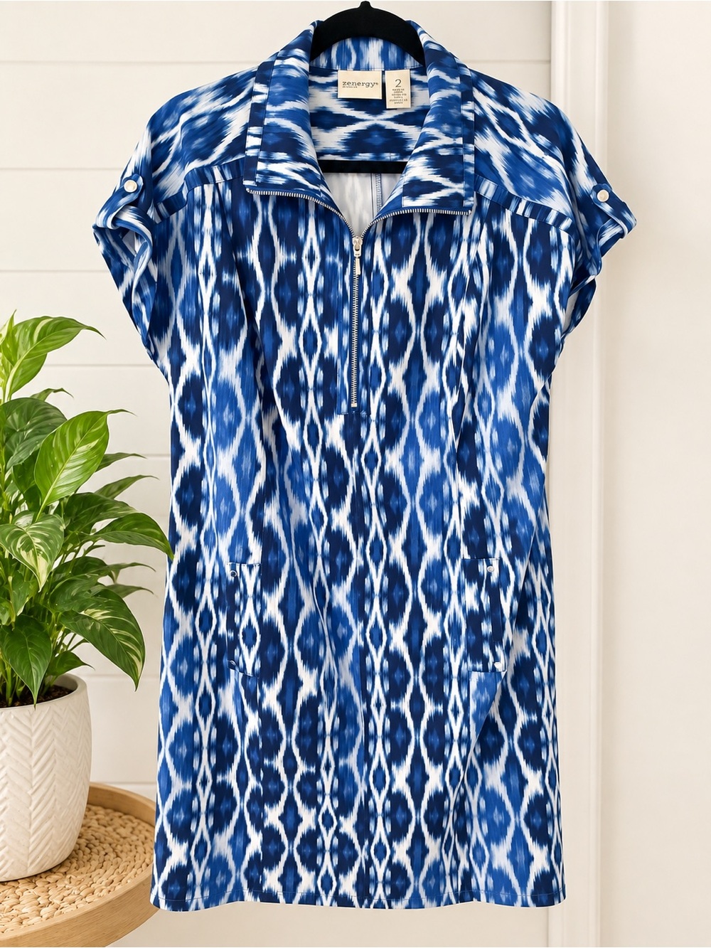 Chico's Blue and White Ikat Print Zip-Front Dress- Chicos size 2 (large)